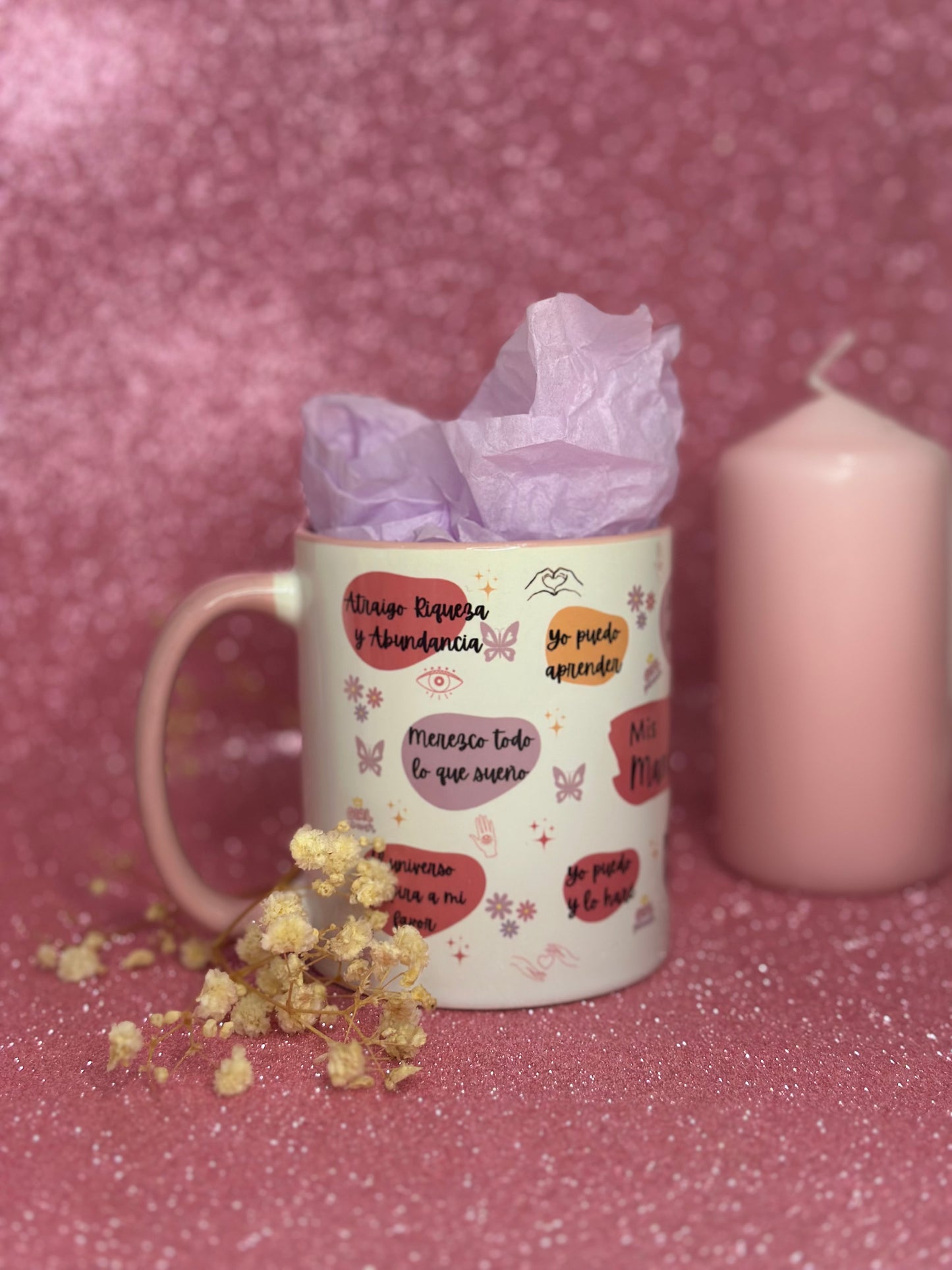 TAZA MIS MANIFESTACIONES POSITIVAS | INTERIOR Y ASA EN COLOR ROSA🌸