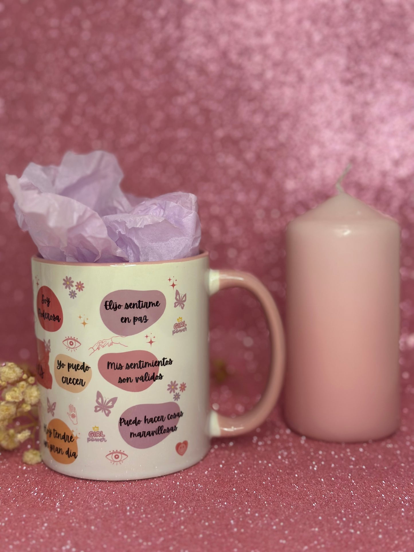 TAZA MIS MANIFESTACIONES POSITIVAS | INTERIOR Y ASA EN COLOR ROSA🌸