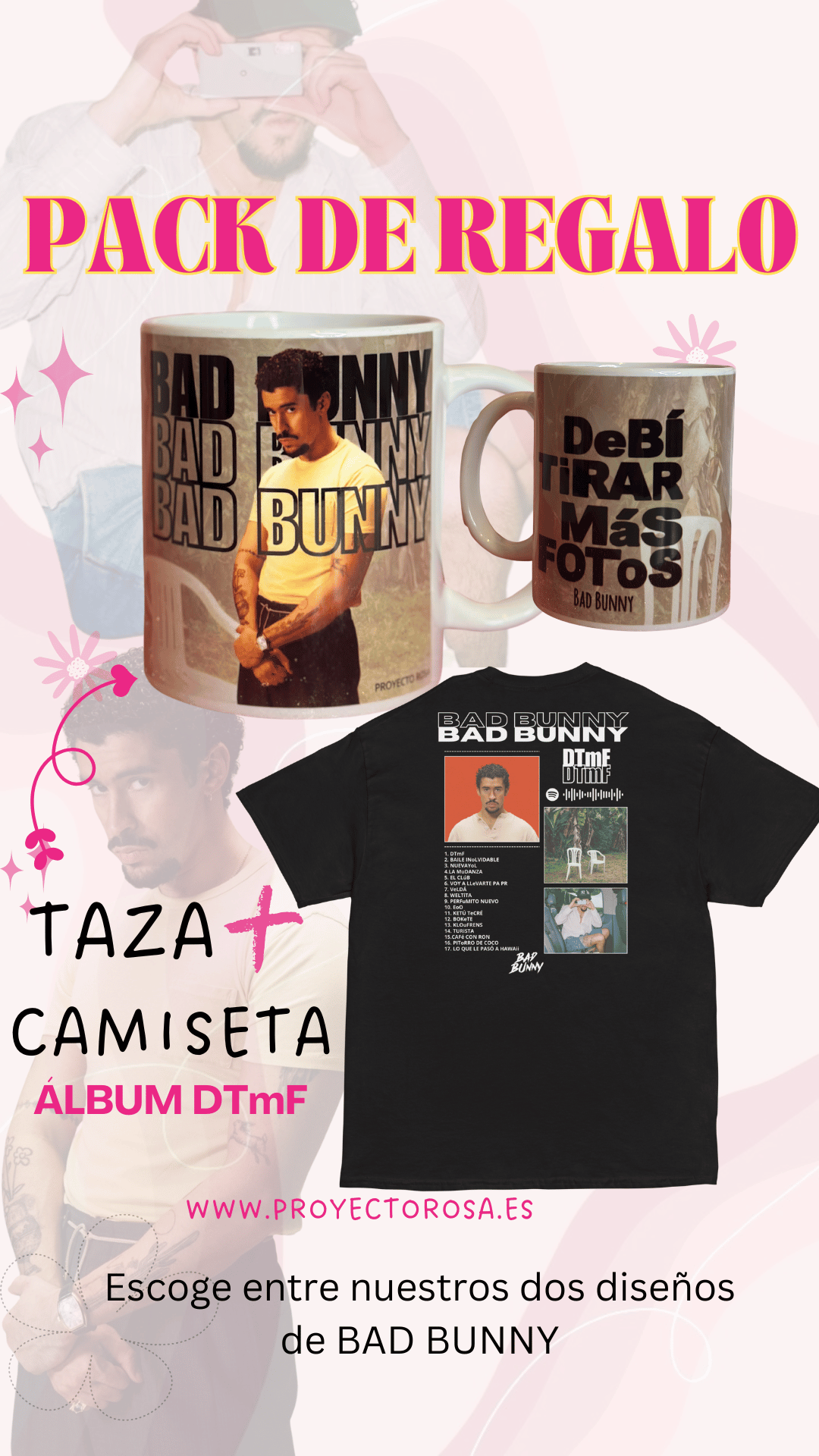 PACK DE REGALO  DE BAD BUNNY DTmF (CAMISETA + TAZA)
