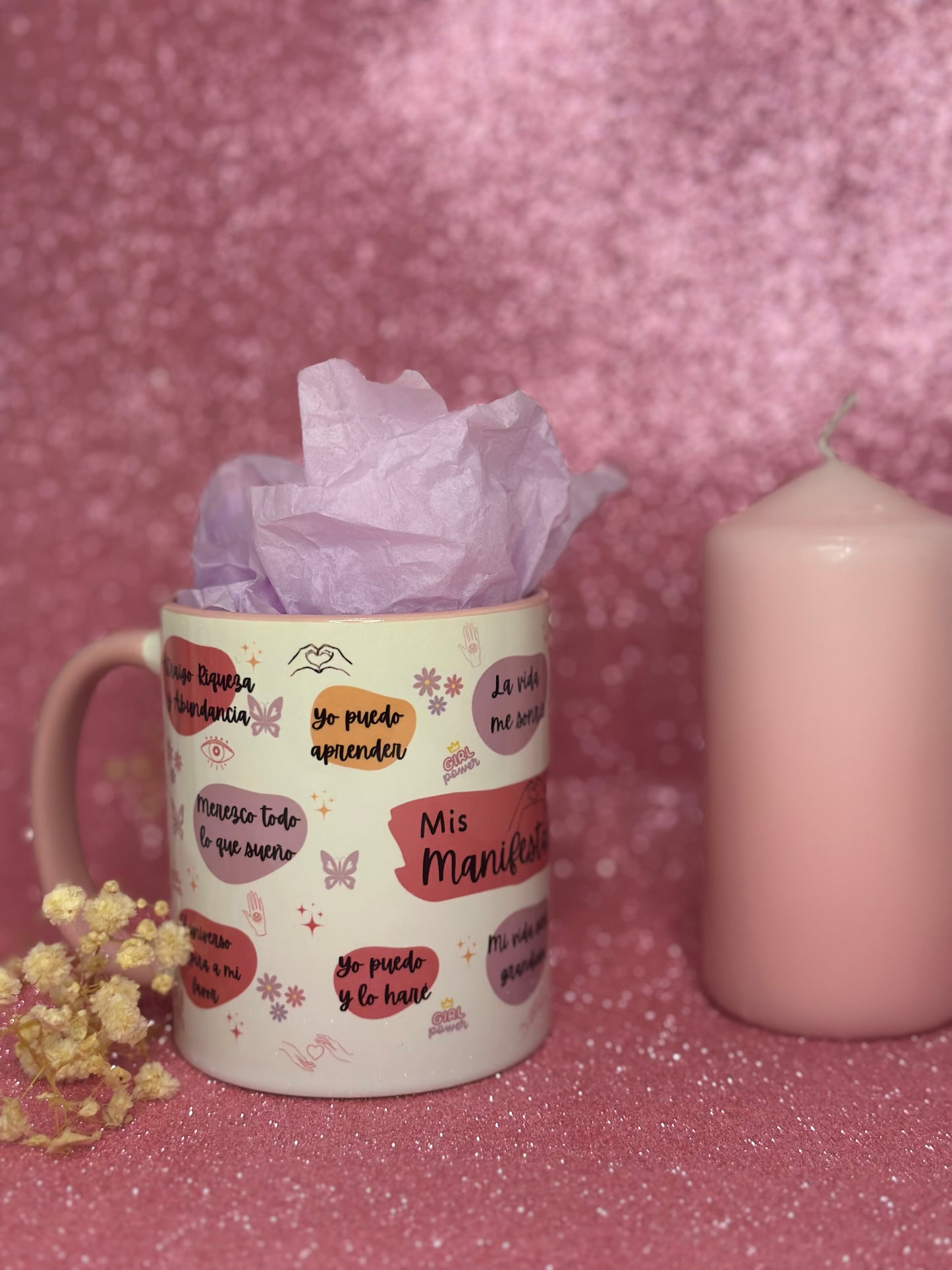 TAZA MIS MANIFESTACIONES POSITIVAS | INTERIOR Y ASA EN  COLOR ROSA🌸