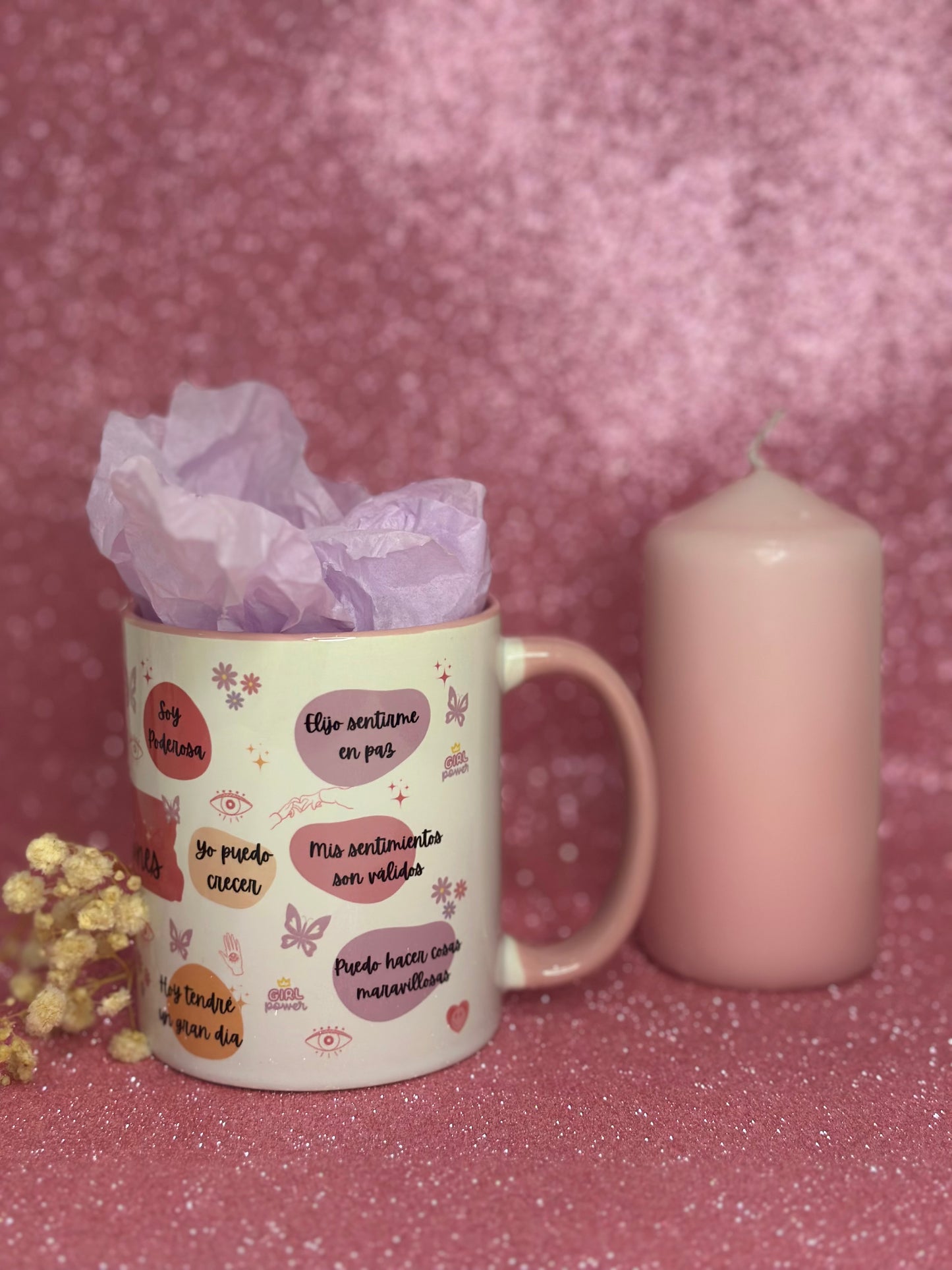 TAZA MIS MANIFESTACIONES POSITIVAS | INTERIOR Y ASA EN  COLOR ROSA🌸