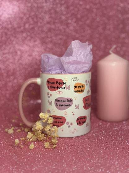 TAZA MIS MANIFESTACIONES POSITIVAS | INTERIOR Y ASA EN  COLOR ROSA🌸
