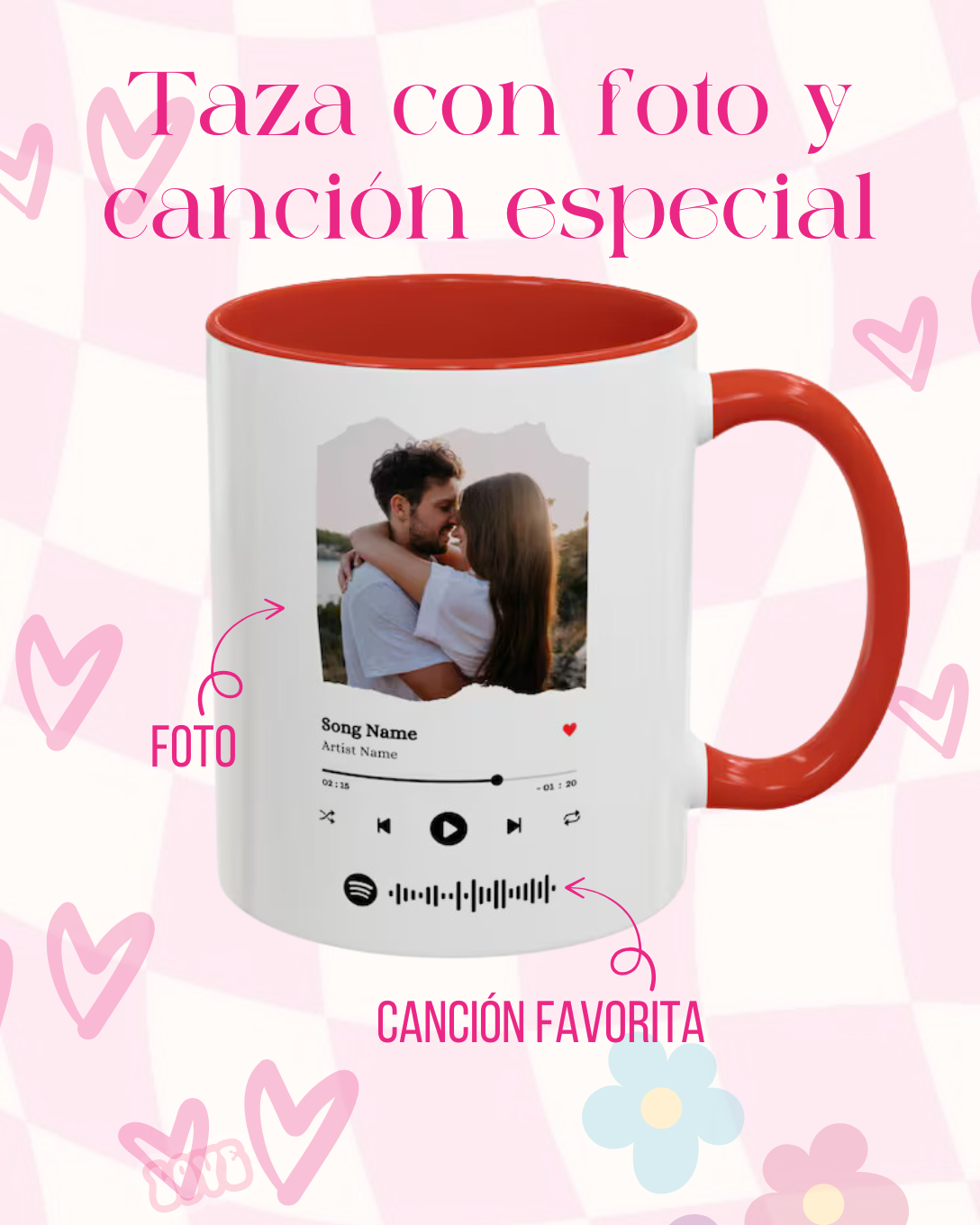 TAZA DE AMOR CON CANCIÓN Y FOTO ESPECIAL | Interior y asa en color en rojo