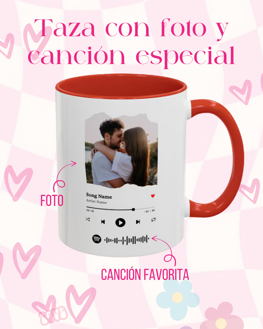 TAZA DE AMOR CON CANCIÓN Y FOTO ESPECIAL | Interior y asa en color en rojo